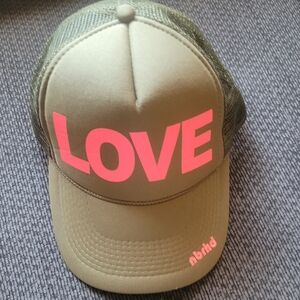 NWOT NBRHD Local Mesh Snapback Trucker Hat Olive Green with Pink "LOVE" Accent
